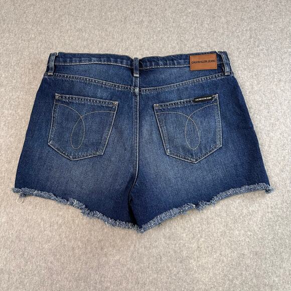 Calvin Klein Button Up Jean Shorts WMNS 30 Medium Wash Blue Ripped Raw Mid Rise - Picture 8 of 8